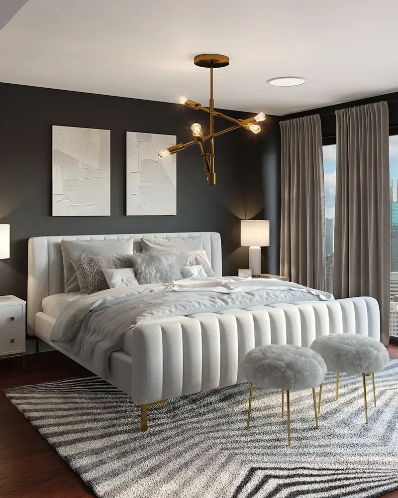 Chambre lumineuse, linge blanc et bois clair