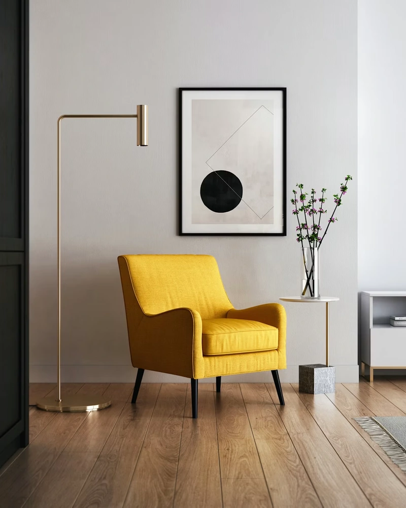 Fauteuil velours olive dans un salon coloré