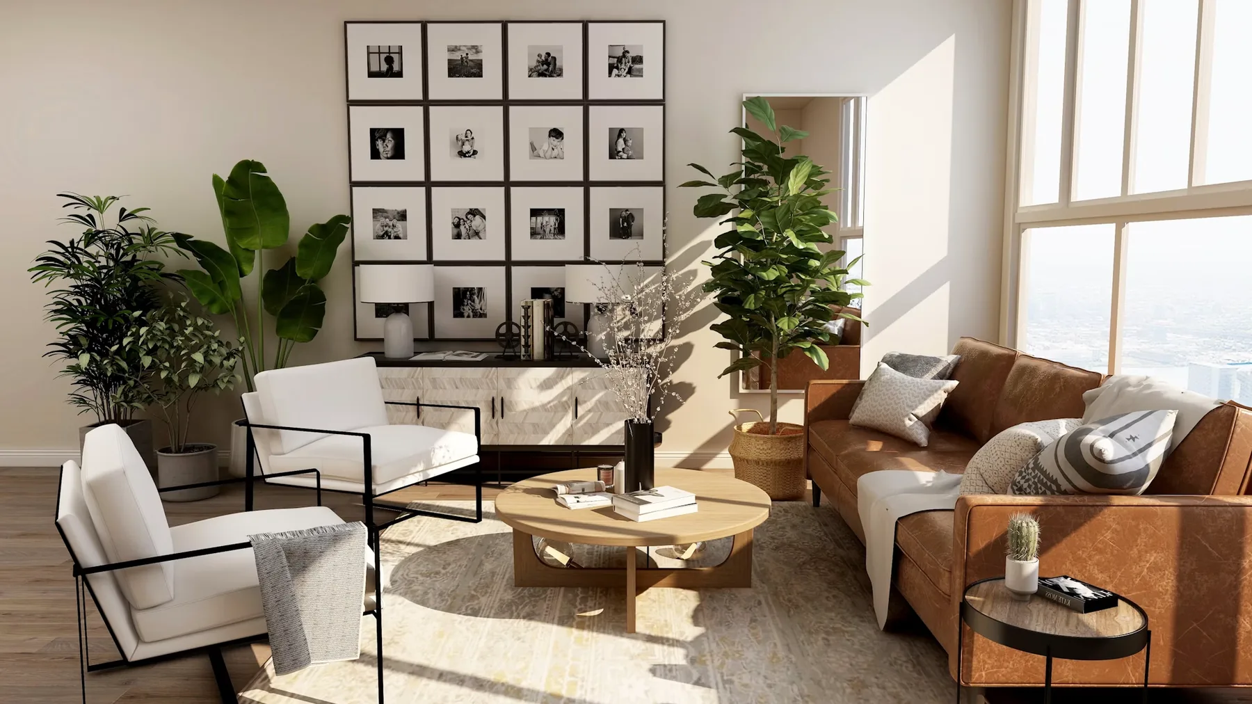 Pièce de vie contemporaine, volumes clairs et mobilier bas