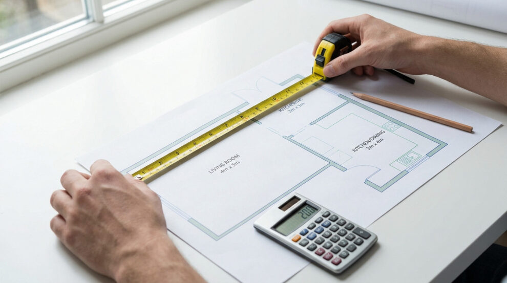 Hands use a yellow measuring tape on a floor plan, with a calculator and pencil nearby, illustrating precise square meter calculation.