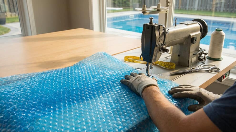 Gloved hands sew translucent blue bubble pool cover on a heavy-duty machine. Tools and a sparkling pool are visible in the background.