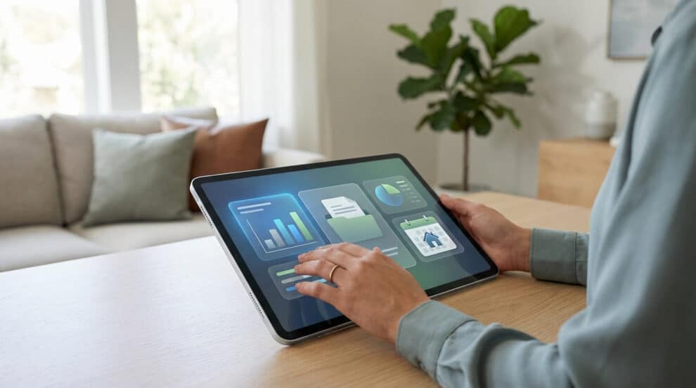 Hands on a tablet showing property management interface with financial data, documents, and calendar in a bright home office.
