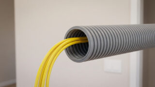 Close-up of a gray corrugated ICTA electrical conduit. Three bright yellow fiber optic cables emerge from its end against a blurred light-toned wall.