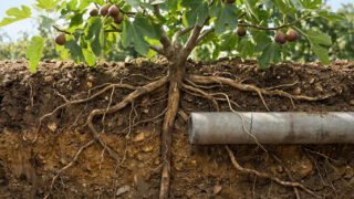 Photorealistic cross-section of a fig tree with lush leaves, ripe figs, and extensive roots. A root infiltrates a cracked concrete pipe in layered soil.
