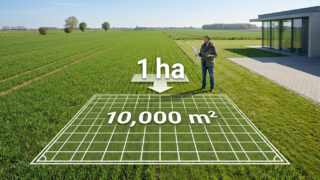 A lush green field illustrates 1 ha converting to 10,000 m² with a white grid. A surveyor stands near a modern house.