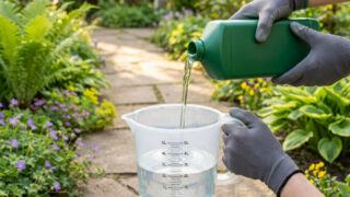 Gloved hands pour clear liquid from a green bottle into a 5L measuring jug with water, emphasizing precise garden chemical mixing.