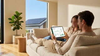 A couple on a sofa reviews energy data on a tablet. Solar panels are visible outside a large window, conveying sustainable living.