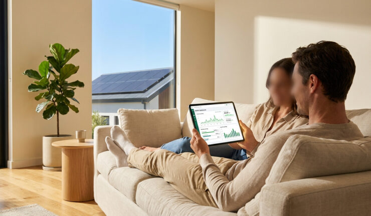 A couple on a sofa reviews energy data on a tablet. Solar panels are visible outside a large window, conveying sustainable living.