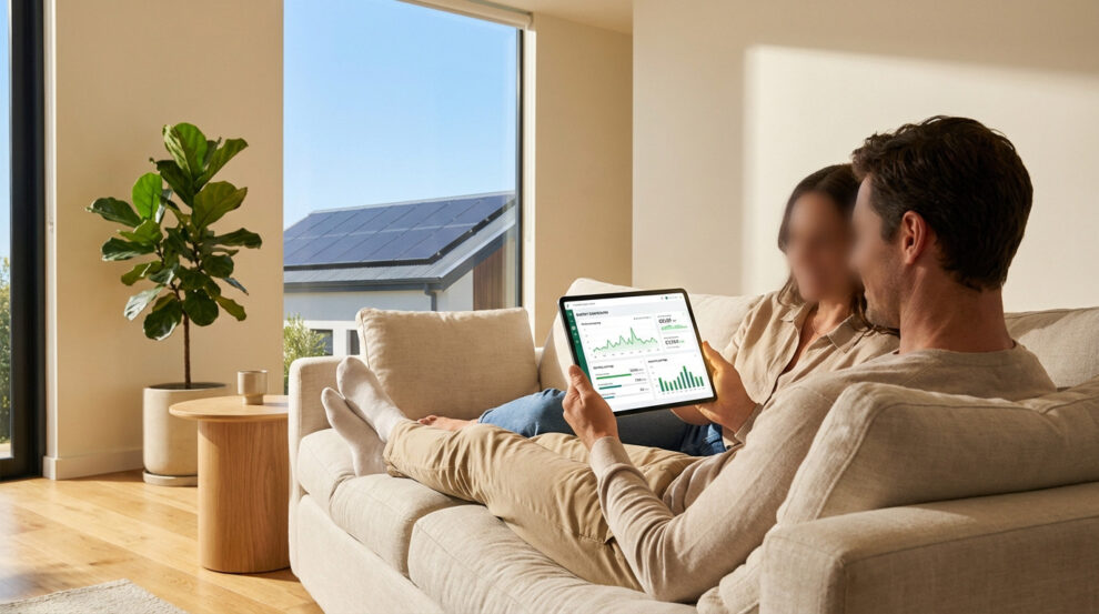 A couple on a sofa reviews energy data on a tablet. Solar panels are visible outside a large window, conveying sustainable living.