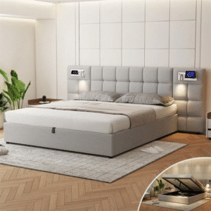 Lit moderne avec rangement et éclairage intégré.