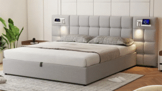 Lit moderne avec rangement et éclairage intégré.