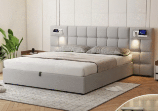 Lit moderne avec rangement et éclairage intégré.