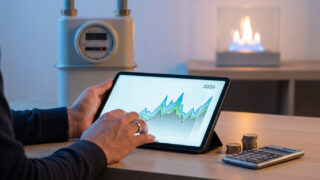 Une personne consulte une tablette affichant un graphique de prix du gaz devant un compteur et une cheminée décorative.