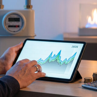 Une personne consulte une tablette affichant un graphique de prix du gaz devant un compteur et une cheminée décorative.