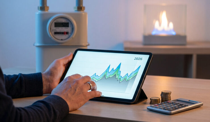 Une personne consulte une tablette affichant un graphique de prix du gaz devant un compteur et une cheminée décorative.