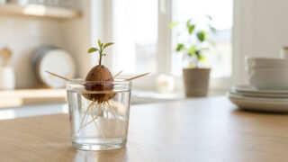 Un noyau d'avocat germé avec des racines suspendu dans un verre d'eau par des cure-dents sur une table de cuisine.
