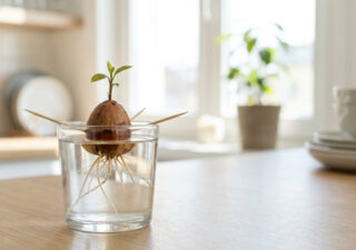 Un noyau d'avocat germé avec des racines suspendu dans un verre d'eau par des cure-dents sur une table de cuisine.