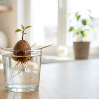 Un noyau d'avocat germé avec des racines suspendu dans un verre d'eau par des cure-dents sur une table de cuisine.