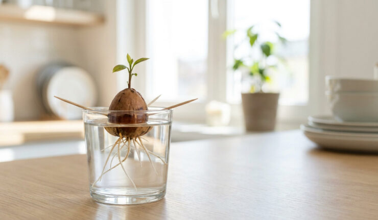 Un noyau d'avocat germé avec des racines suspendu dans un verre d'eau par des cure-dents sur une table de cuisine.
