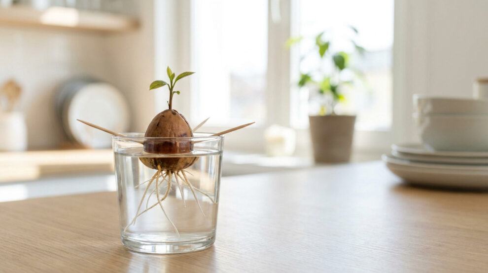 Un noyau d'avocat germé avec des racines suspendu dans un verre d'eau par des cure-dents sur une table de cuisine.