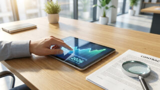 Une personne consulte un graphique de croissance financière sur une tablette numérique posée sur un bureau en bois.