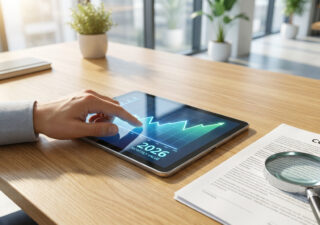 Une personne consulte un graphique de croissance financière sur une tablette numérique posée sur un bureau en bois.