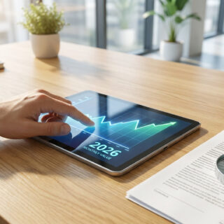 Une personne consulte un graphique de croissance financière sur une tablette numérique posée sur un bureau en bois.