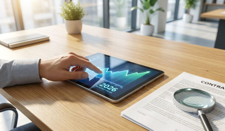 Une personne consulte un graphique de croissance financière sur une tablette numérique posée sur un bureau en bois.