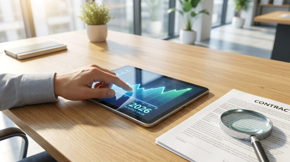 Une personne consulte un graphique de croissance financière sur une tablette numérique posée sur un bureau en bois.