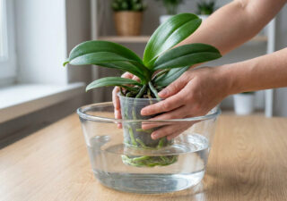 Mains immergeant le pot transparent d'une orchidée dans un bol d'eau pour l'arrosage.