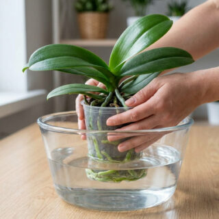Mains immergeant le pot transparent d'une orchidée dans un bol d'eau pour l'arrosage.