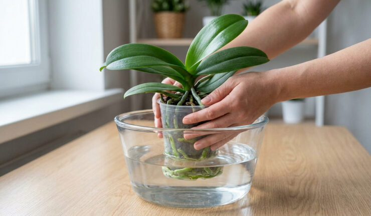 Mains immergeant le pot transparent d'une orchidée dans un bol d'eau pour l'arrosage.
