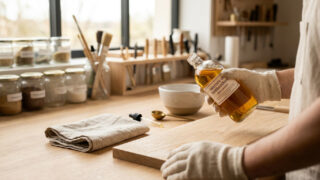 Personne avec des gants tenant une bouteille d'essence de térébenthine sur un établi en bois avec des outils.