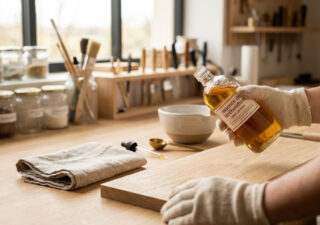Personne avec des gants tenant une bouteille d'essence de térébenthine sur un établi en bois avec des outils.