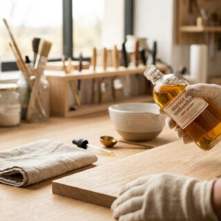 Personne avec des gants tenant une bouteille d'essence de térébenthine sur un établi en bois avec des outils.