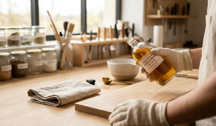 Personne avec des gants tenant une bouteille d'essence de térébenthine sur un établi en bois avec des outils.