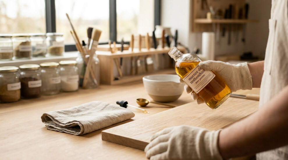 Personne avec des gants tenant une bouteille d'essence de térébenthine sur un établi en bois avec des outils.