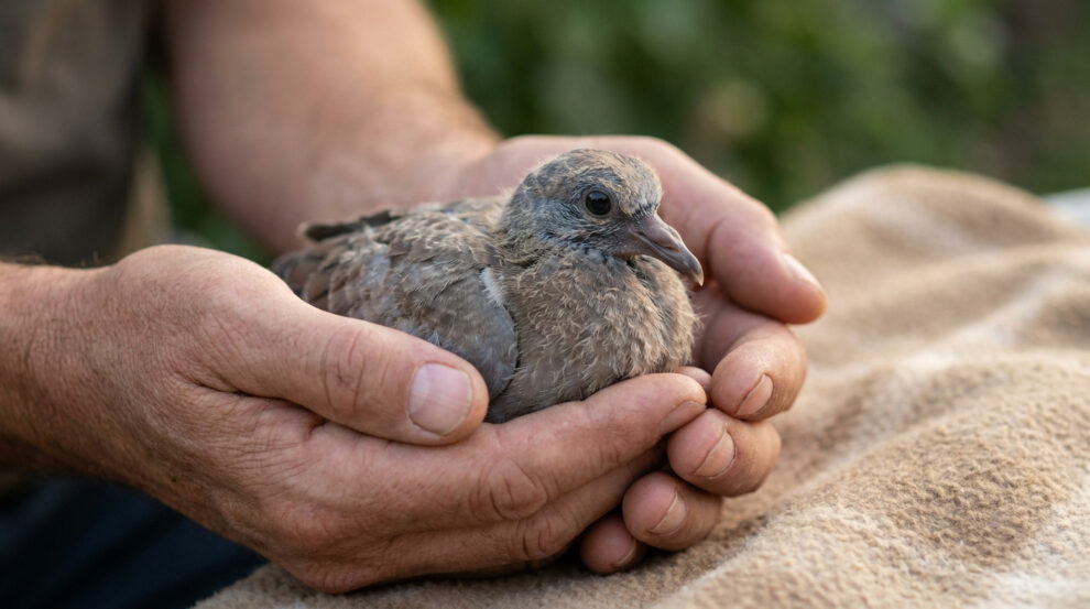 Gros plan sur un bébé pigeon au plumage duveteux blotti en toute sécurité dans les mains d'une personne.
