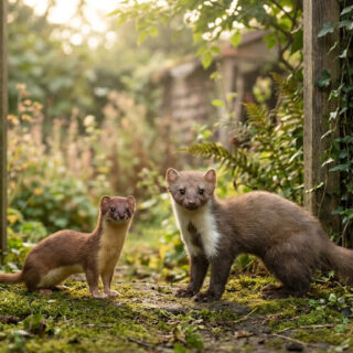Une belette et une fouine se tiennent côte à côte dans un jardin verdoyant au crépuscule.