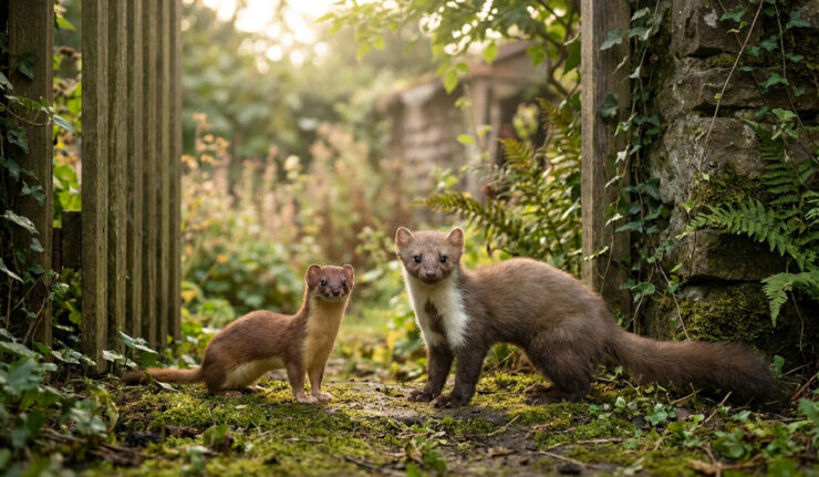 Une belette et une fouine se tiennent côte à côte dans un jardin verdoyant au crépuscule.