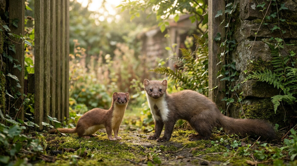 Une belette et une fouine se tiennent côte à côte dans un jardin verdoyant au crépuscule.