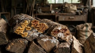 Bûches de bois stockées dans un atelier, envahies par des champignons de type mérule et des filaments blancs.