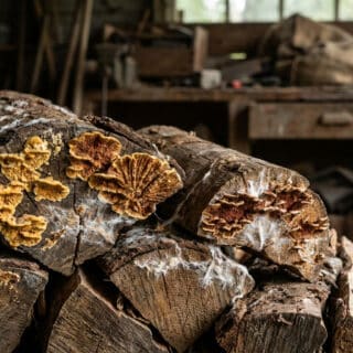Bûches de bois stockées dans un atelier, envahies par des champignons de type mérule et des filaments blancs.
