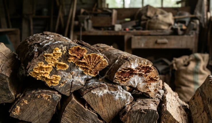 Bûches de bois stockées dans un atelier, envahies par des champignons de type mérule et des filaments blancs.
