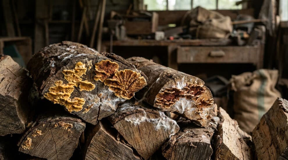 Bûches de bois stockées dans un atelier, envahies par des champignons de type mérule et des filaments blancs.