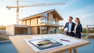Un architecte et une cliente regardant une maison en bois moderne en construction avec des plans sur une table.