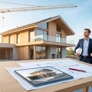 Un architecte et une cliente regardant une maison en bois moderne en construction avec des plans sur une table.