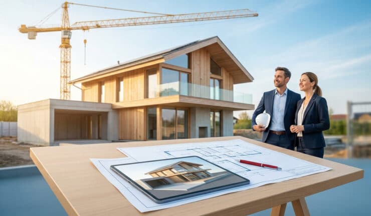 Un architecte et une cliente regardant une maison en bois moderne en construction avec des plans sur une table.