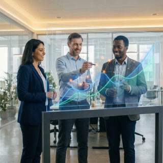 Une équipe de professionnels analyse des graphiques de performance sur un écran en verre interactif dans un bureau moderne.