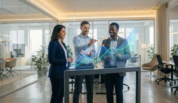 Une équipe de professionnels analyse des graphiques de performance sur un écran en verre interactif dans un bureau moderne.